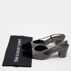 Pre Owned Chanel Grey/Black Felt and Velvet CC Block Heel Slingback Sandals Size 40