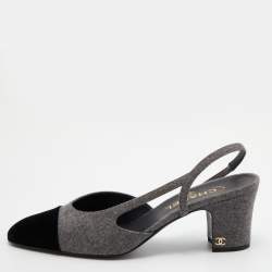 Pre Owned Chanel Grey/Black Felt and Velvet CC Block Heel Slingback Sandals Size 40