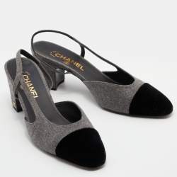 Pre Owned Chanel Grey/Black Felt and Velvet CC Block Heel Slingback Sandals Size 40