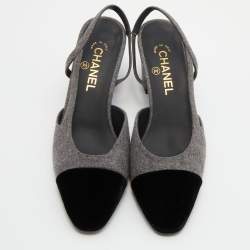 Pre Owned Chanel Grey/Black Felt and Velvet CC Block Heel Slingback Sandals Size 40