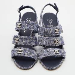 Chanel Blue/White Tweed CC Turn Lock Strappy Slingback Block Heel Sandals Size 39.5