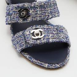 Chanel Blue/White Tweed CC Turn Lock Strappy Slingback Block Heel Sandals Size 39.5