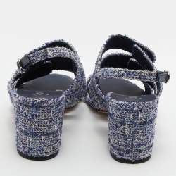 Chanel Blue/White Tweed CC Turn Lock Strappy Slingback Block Heel Sandals Size 39.5