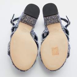 Chanel Blue/White Tweed CC Turn Lock Strappy Slingback Block Heel Sandals Size 39.5