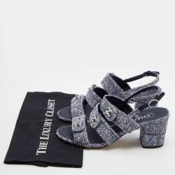 Chanel Blue/White Tweed CC Turn Lock Strappy Slingback Block Heel Sandals Size 39.5
