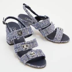 Chanel Blue/White Tweed CC Turn Lock Strappy Slingback Block Heel Sandals Size 39.5