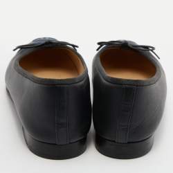 Pre Owned Chanel Black/Blue Leather CC Bow Ballet Flats Size 37
