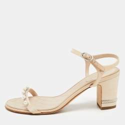 Chanel Light Pink Canvas Faux Pearl Embellished Block Heel Ankle Strap Sandals Size 38.5