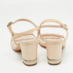 Chanel Light Pink Canvas Faux Pearl Embellished Block Heel Ankle Strap Sandals Size 38.5
