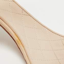 Chanel Light Pink Canvas Faux Pearl Embellished Block Heel Ankle Strap Sandals Size 38.5