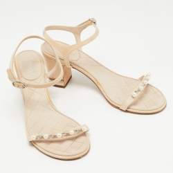 Chanel Light Pink Canvas Faux Pearl Embellished Block Heel Ankle Strap Sandals Size 38.5