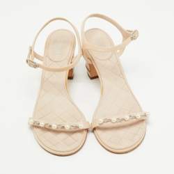 Chanel Light Pink Canvas Faux Pearl Embellished Block Heel Ankle Strap Sandals Size 38.5