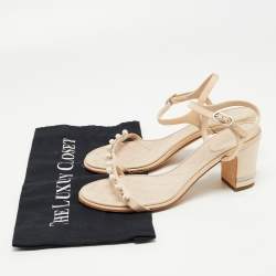 Chanel Light Pink Canvas Faux Pearl Embellished Block Heel Ankle Strap Sandals Size 38.5