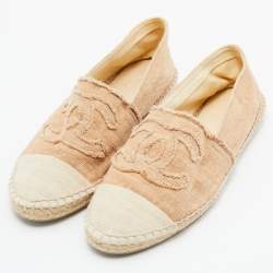 Pre Owned Chanel Beige Fabric CC Cap Toe Espadrille Flats Size 39