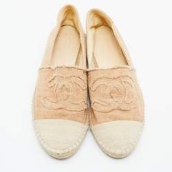 Pre Owned Chanel Beige Fabric CC Cap Toe Espadrille Flats Size 39