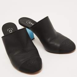 Chanel Black Leather And Canvas CC Cap Toe Block Heel Mules Size 37
