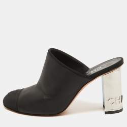 Chanel Black Leather And Canvas CC Cap Toe Block Heel Mules