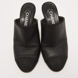 Chanel Black Leather And Canvas CC Cap Toe Block Heel Mules Size 37