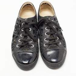 Pre Owned Chanel Black Patent and Leather Floral Cutout CC Low Top Sneakers Size 38