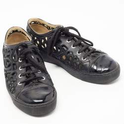 Pre Owned Chanel Black Patent and Leather Floral Cutout CC Low Top Sneakers Size 38