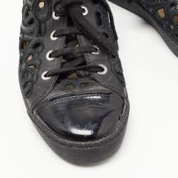 Pre Owned Chanel Black Patent and Leather Floral Cutout CC Low Top Sneakers Size 38