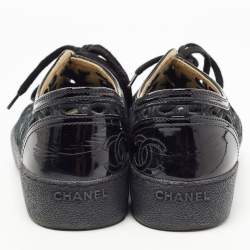 Pre Owned Chanel Black Patent and Leather Floral Cutout CC Low Top Sneakers Size 38