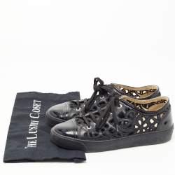 Pre Owned Chanel Black Patent and Leather Floral Cutout CC Low Top Sneakers Size 38
