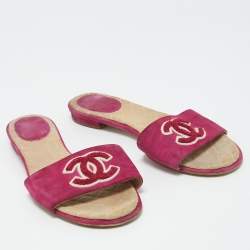 Chanel Purple Suede Embroidered CC Flat Slides Size 39