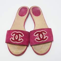 Chanel Purple Suede Embroidered CC Flat Slides Size 39