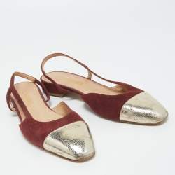 Chanel Burgundy/Gold Suede and Leather Cap Toe Slingback Flats Size 41.5