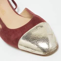 Chanel Burgundy/Gold Suede and Leather Cap Toe Slingback Flats Size 41.5