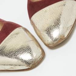 Chanel Burgundy/Gold Suede and Leather Cap Toe Slingback Flats Size 41.5
