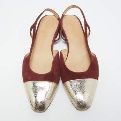 Chanel Burgundy/Gold Suede and Leather Cap Toe Slingback Flats Size 41.5