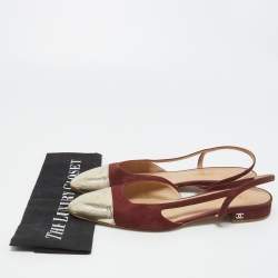 Chanel Burgundy/Gold Suede and Leather Cap Toe Slingback Flats Size 41.5