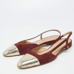 Chanel Burgundy/Gold Suede and Leather Cap Toe Slingback Flats Size 41.5