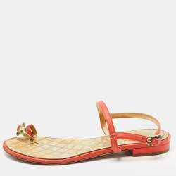 Chanel Orange Leather Enamel Embellished Toe Ring Ankle Strap Flat Sandals Size 36
