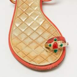 Chanel Orange Leather Enamel Embellished Toe Ring Ankle Strap Flat Sandals Size 36