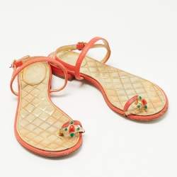 Chanel Orange Leather Enamel Embellished Toe Ring Ankle Strap Flat Sandals Size 36