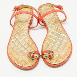Chanel Orange Leather Enamel Embellished Toe Ring Ankle Strap Flat Sandals Size 36