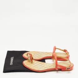 Chanel Orange Leather Enamel Embellished Toe Ring Ankle Strap Flat Sandals Size 36