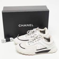 Pre Owned Chanel White/Black Fabric and Leather Low Top Sneakers Size 36.5