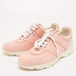 Pre Owned Chanel Pink/White Canvas and Leather CC Low Top Sneakers Size 40