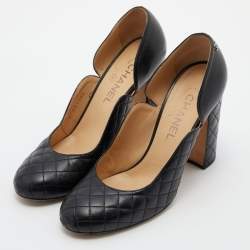 Pre Owned Chanel Black Quilted Leather Round Toe Block Heel Pumps Size 39.5