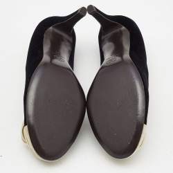 Pre Owned Chanel Black/Beige Velvet CC Camelia Pumps Size 39