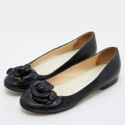 Pre Owned Chanel Black Leather CC Camelia Ballet Flats Size 39