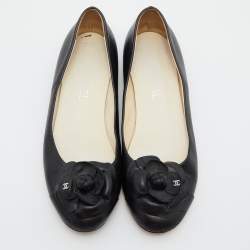 Pre Owned Chanel Black Leather CC Camelia Ballet Flats Size 39