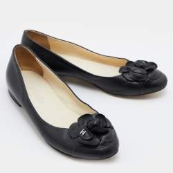 Pre Owned Chanel Black Leather CC Camelia Ballet Flats Size 39
