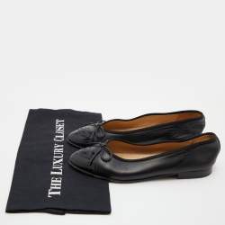 Chanel Black Leather CC Cap Toe Bow Ballet Flats Size 37