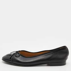 Chanel Black Leather CC Cap Toe Bow Ballet Flats Size 37