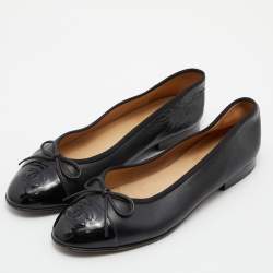 Chanel Black Leather CC Cap Toe Bow Ballet Flats Size 37